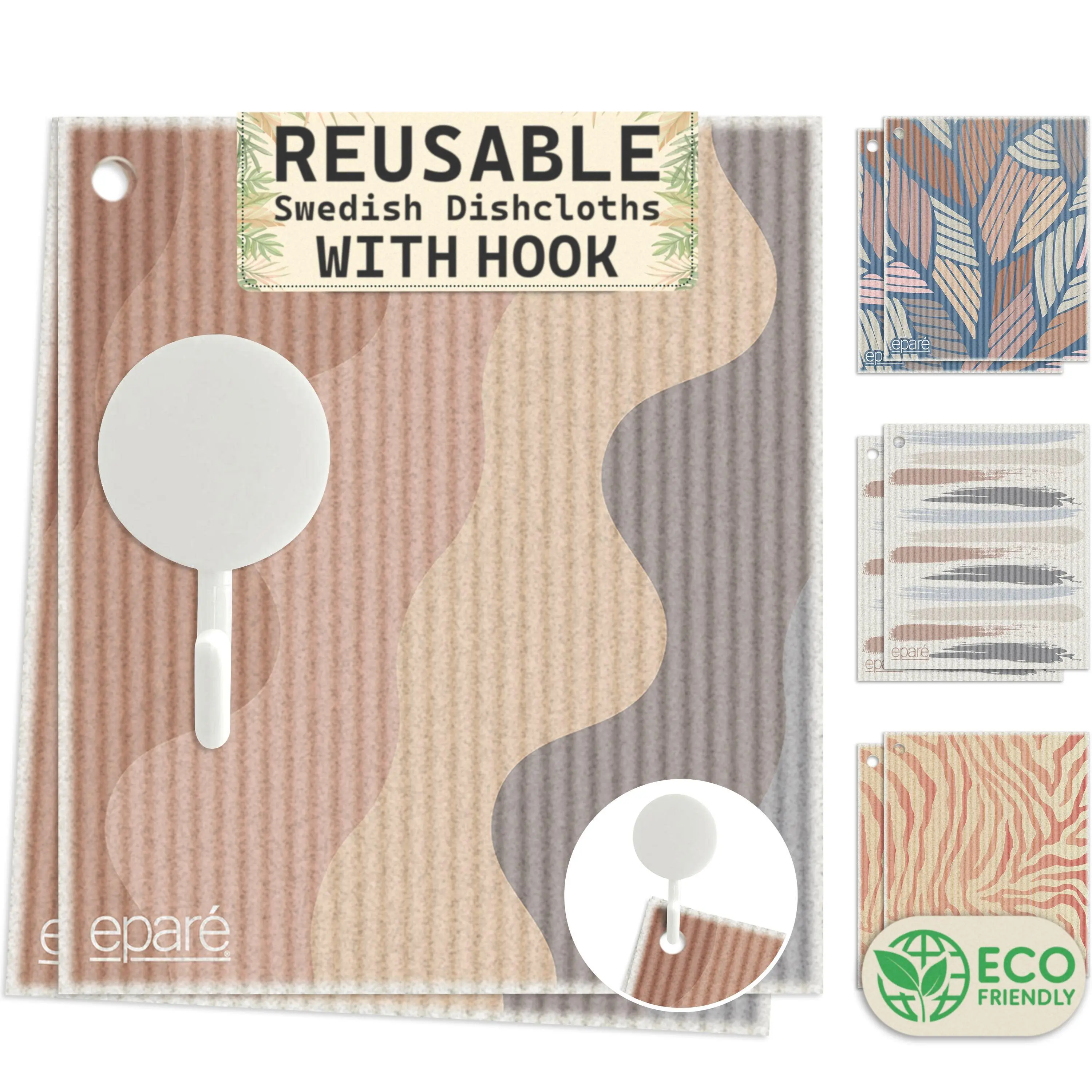 Eparé Swedish Dishcloths with Hook - 8 Pack Reusable Swedish Dish Cloths for Kitchen - Super Absorbent Cellulose Sponge Cloths