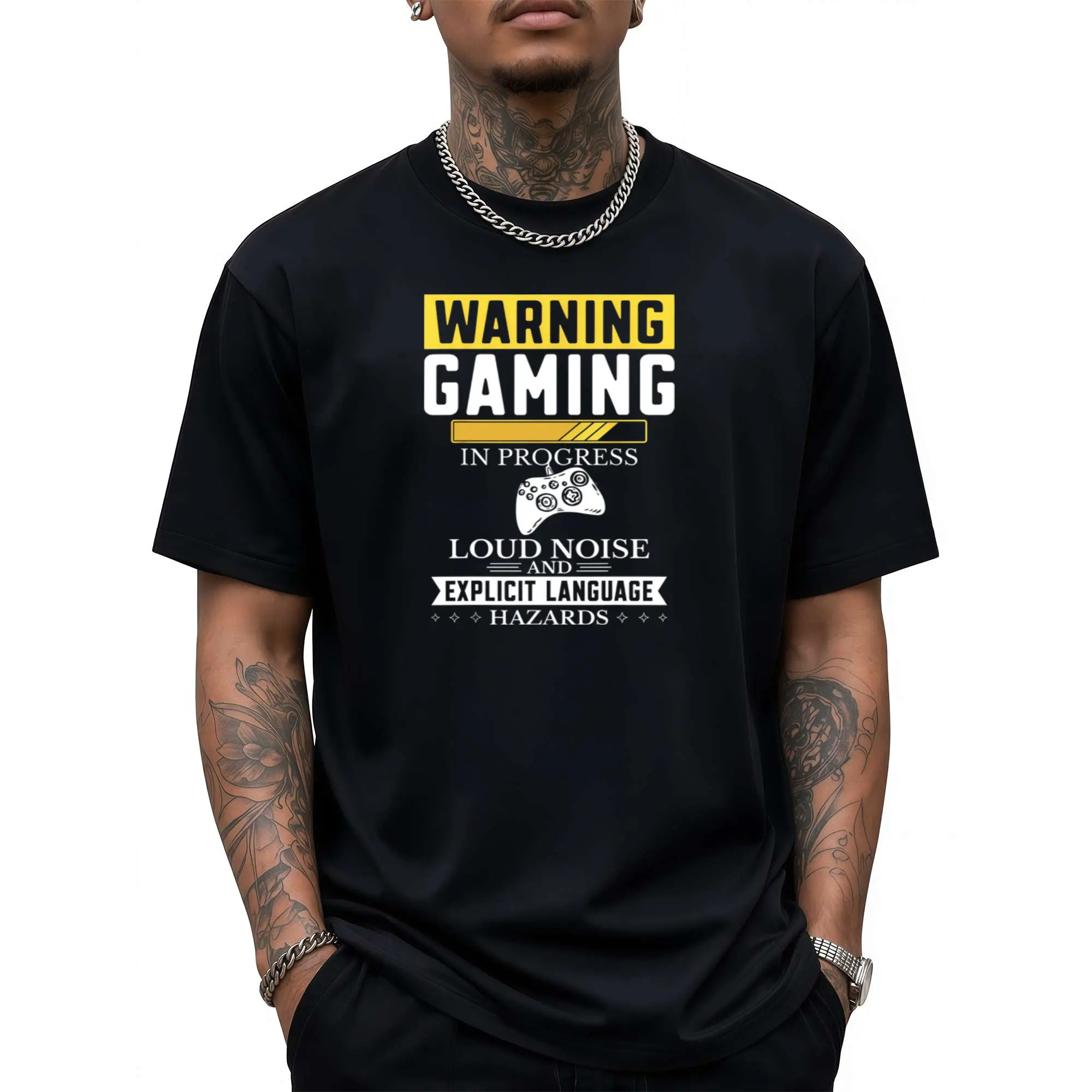 Mens Gaming Graphic T-Shirt - Bold WARNING GAMING IN PROGRESS Text with Controller Design - High-Quality Print - All-Season Casual & Gaming Party Wear - Adult Gamer Tee, Gaming Shirt, Gamer-Themed Apparel, Durable Print Quality