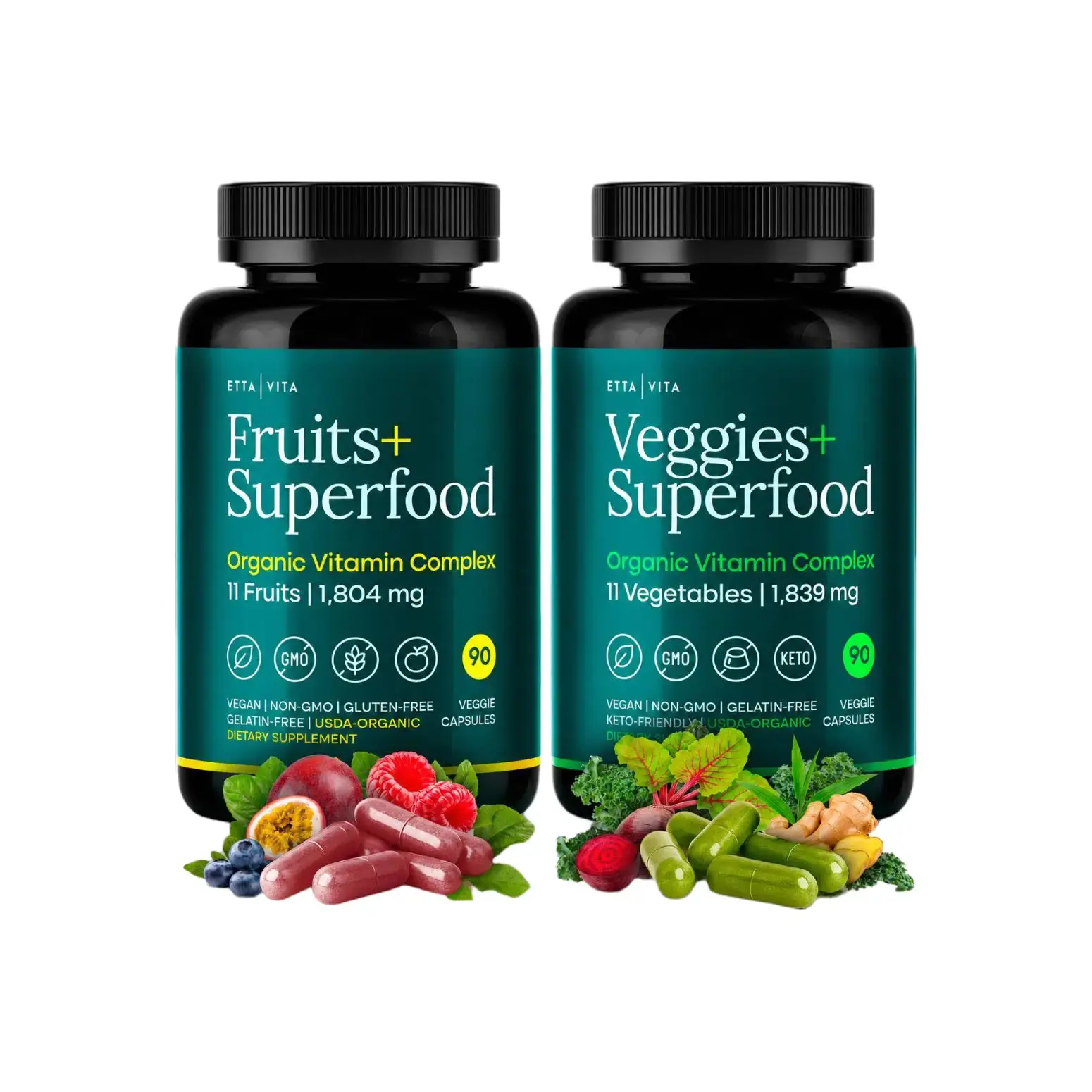 USDA Organic Fruits & Veggies Supplement | 31 Whole Foods | 180 Vegan Capsules | Berry & Greens Botanical Blend | Non-GMO, Gluten-Free, Third-Party Tested