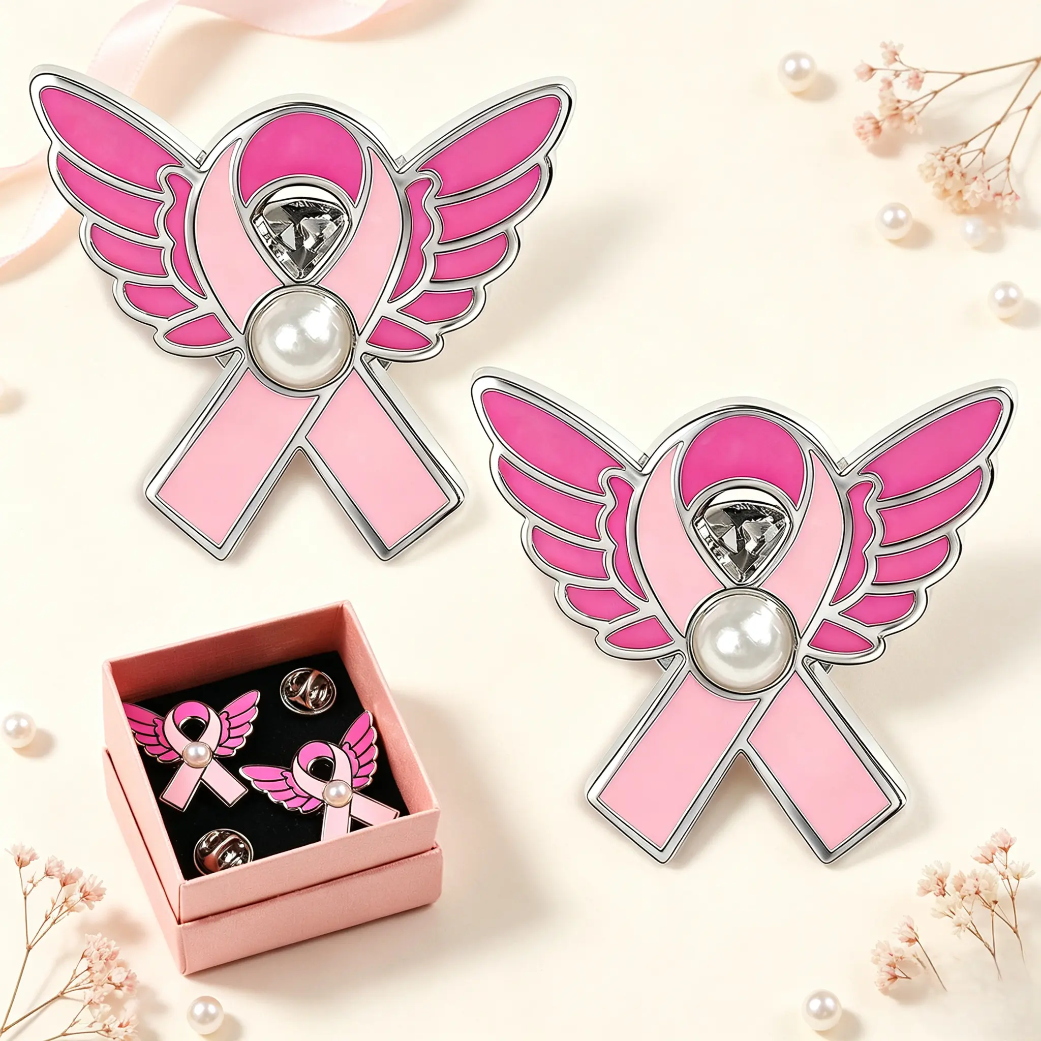 2 PCS Pink Ribbon Angel Wing Brooch with Gift Box, Breast Cancer Awareness Crystal Pearl Lapel Pin Jewelry Gift for Women