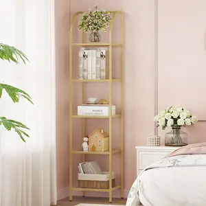 Bookcase Bookshelf, Tempered Glass Arched Bookshelf for More Storage, Slim Shelving Unit for Bedroom, Bathroom, Home Office, Steel Frame, 5 Tier Gold BC20599G