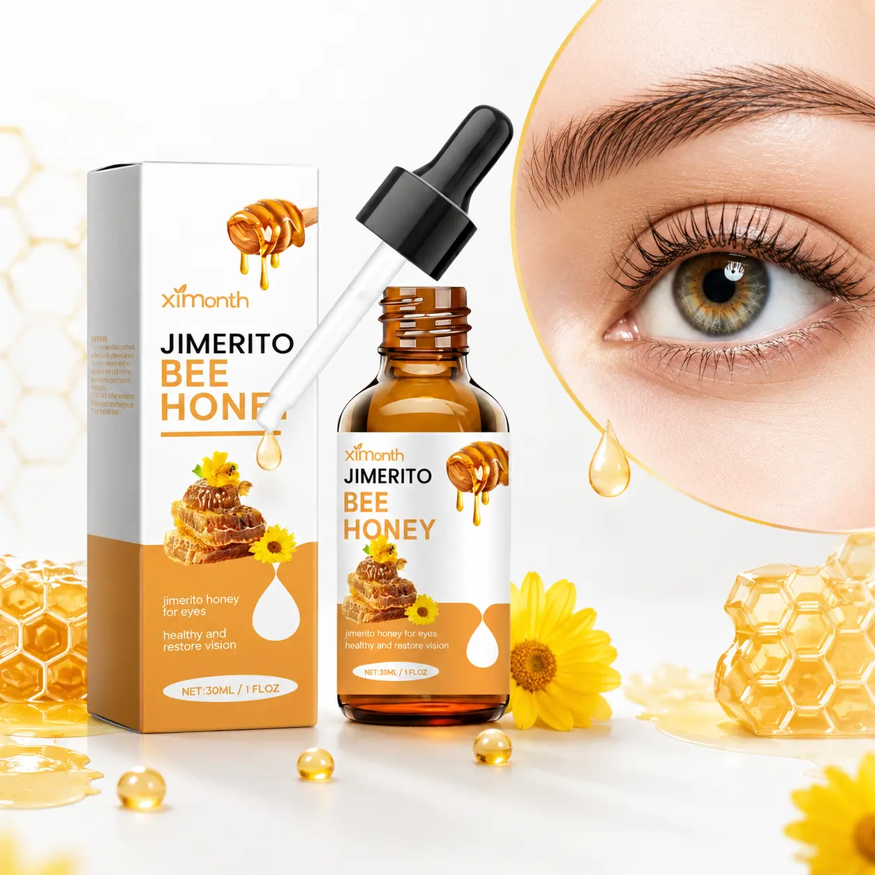 Natural Jimerito Honey Eye Drops - Gentle Daily Moisturizer for Dry Eyes with Dropper, Soothing Relief & Vision Support (1 fl oz), Serum, Hydrating Eye Drops