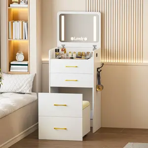 FREDEES 3 in 1 Vanity Desk - with Flip Top Mirror and Lights,Compact Vanity with Charging Station & Human Sensor Light, Glass Top Small Makeup Vanity 3 Drawers,Rolling Cushioned Stool