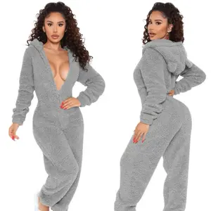 Jumpsuit Fluffy Overalls Womenswear Comfort Basic jumpsuits women home fits Red Everyday Rompers Long Sleeve Furry