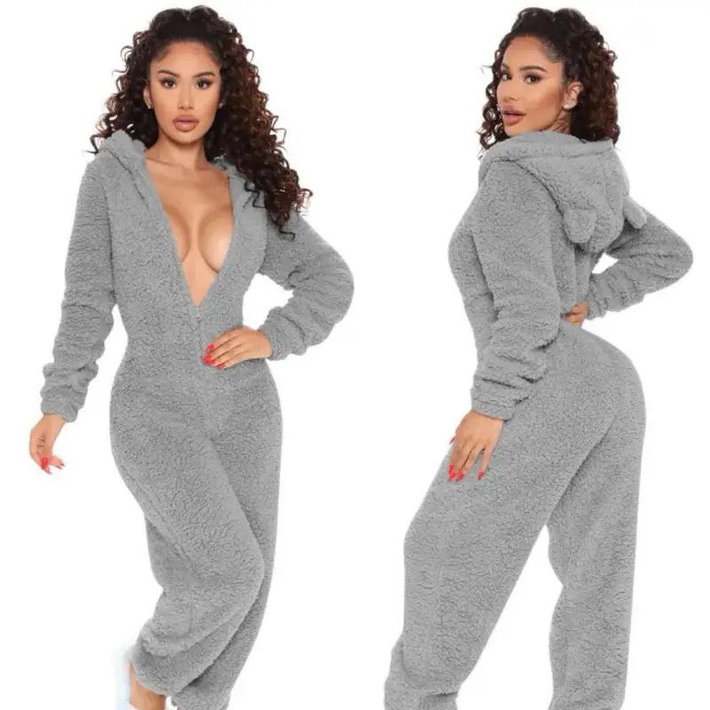 Jumpsuit Fluffy Overalls Womenswear Comfort Basic jumpsuits women home fits Red Everyday Rompers Long Sleeve Furry