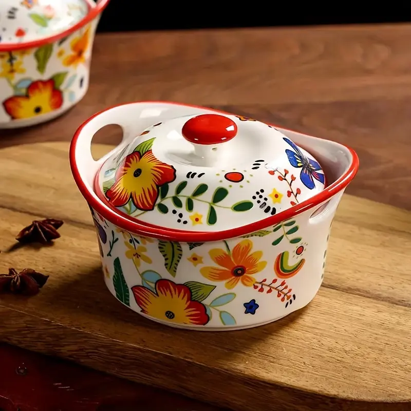 1pc Ceramic Stew Pot with Lid, Novelty Floral Design, Microwave Safe, Double Handle, High Aesthetic Tableware for Home Use
