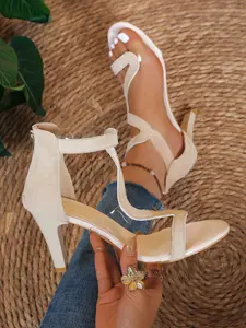Women's Summer New Retro Wave Pattern Design Thin Heel Sandals, Hollow Out Back Zipper High Heel, Fashionable and Elegant for Daily Wear, Parties, and Commuting, Footwear