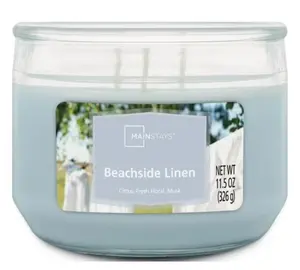Mainstays 3-Wick Glass Jar Candle, Beachside Linen, Blue, 11.5 oz