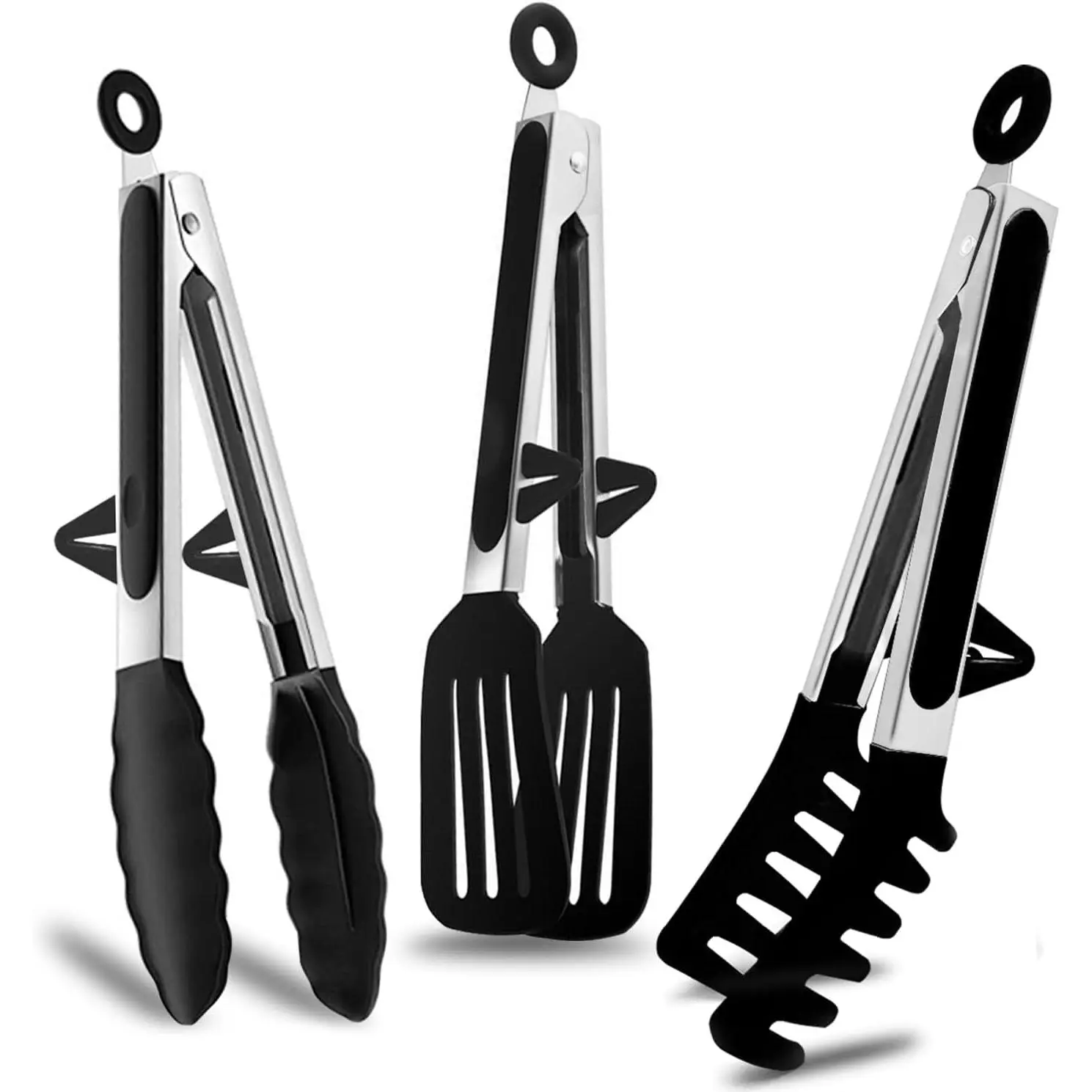 9inch Kitchen Tongs with Silicone Tips for Cooking, Food-Grade Small Silicone Tongs, Mini Tongs Suitable for Non-Stick Pans, Barbecue, Salad, 3-Piece Set, Black