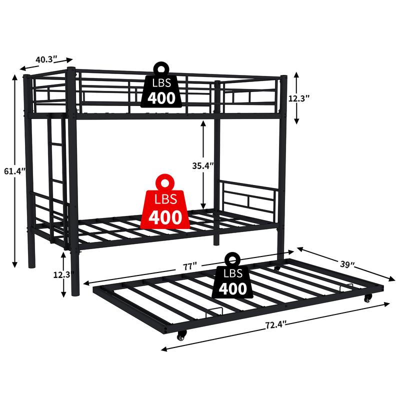 Twin Over Twin Metal Bunk Bed with Trundle，Heavy Duty Bunk Beds Frame with 2 Side Ladders afety Guardrails and ladders for Kids/Teen/Adults, Easy to Assemble, No Box Spring Needed(Black)