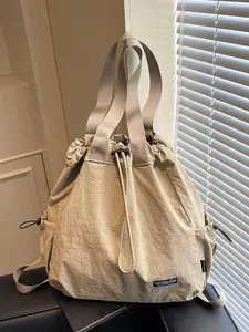 Simple solid color large capacity drawstring design hand-held shoulder bag, multi-carry retro pleated design messenger bag, lightweight and wear-resistant drawstring large capacity tote bag, Handbag Shoulder Purse, suitable for students, travel, etc.