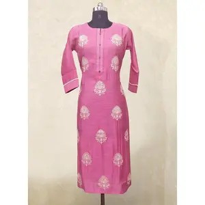 Casual Wear Pink Embroidery Work Chanderi Kurti