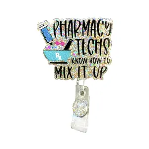 Pharmacy Techs Know How To Mix It Up Badge Reel Retractable Swivel Alligator Clip 2 Inch Glitter Design for Pharmacy Professionals
