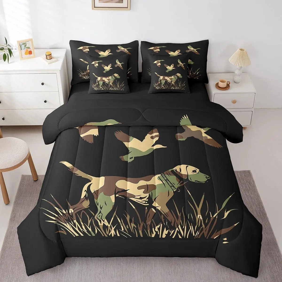 Wild Duck Hunting 7 Piece Bedding Set for Boys Teens Kids Black Dog Hunter Comforter Set with Sheets Hunter Green Army Camouflage Farmhouse Theme Bed in a Bag Home Decor