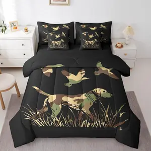 Wild Duck Hunting 7 Piece Bedding Set for Boys Teens Kids Black Dog Hunter Comforter Set with Sheets Hunter Green Army Camouflage Farmhouse Theme Bed in a Bag Home Decor