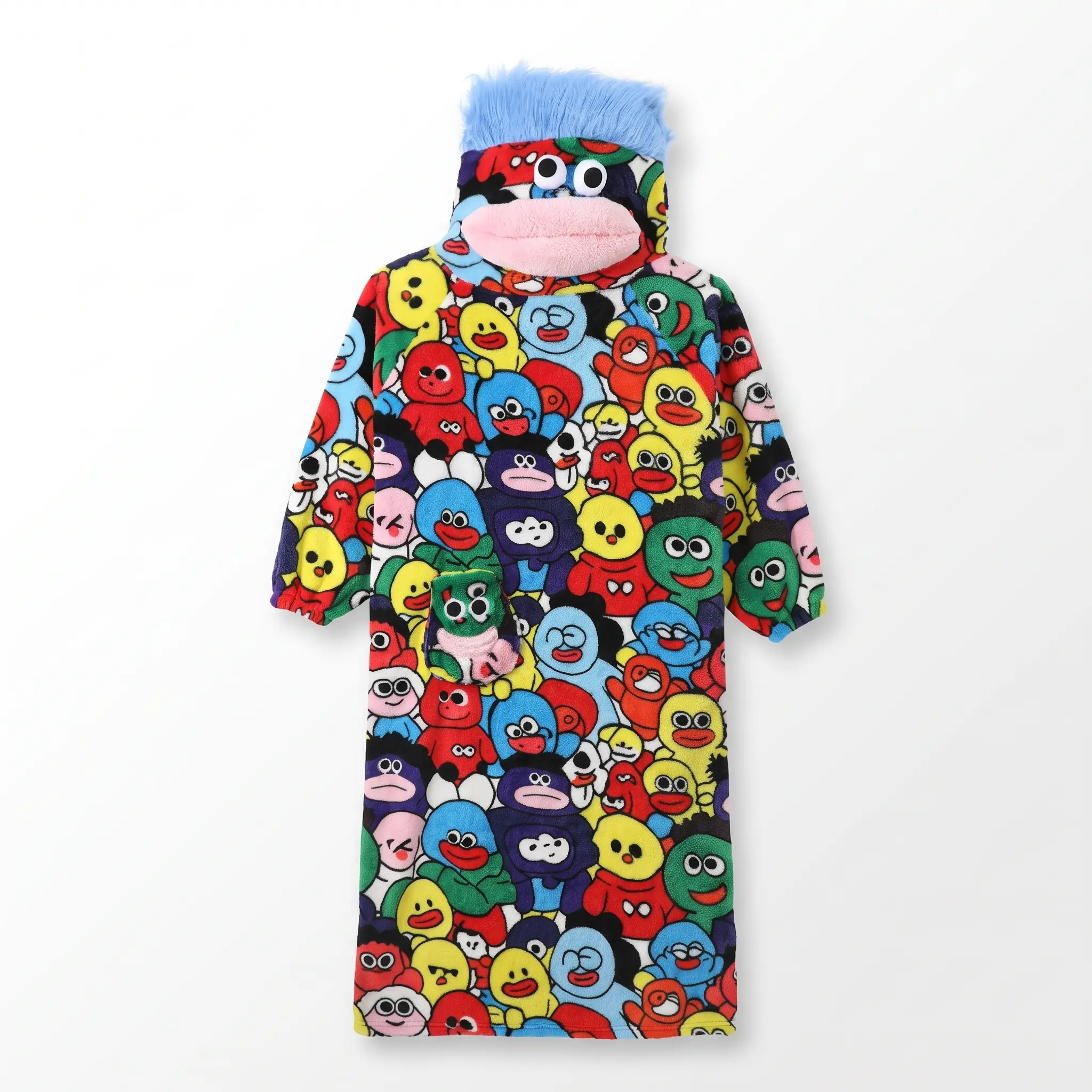 Cartoon Monster Allover Print Sherpa Fleece Hooded Bathrobe for Adults, Funny Big Mouth Monster Wearable Blanket Robe with Puppet Pocket, Unisex Halloween Cosplay Loungewear Gift