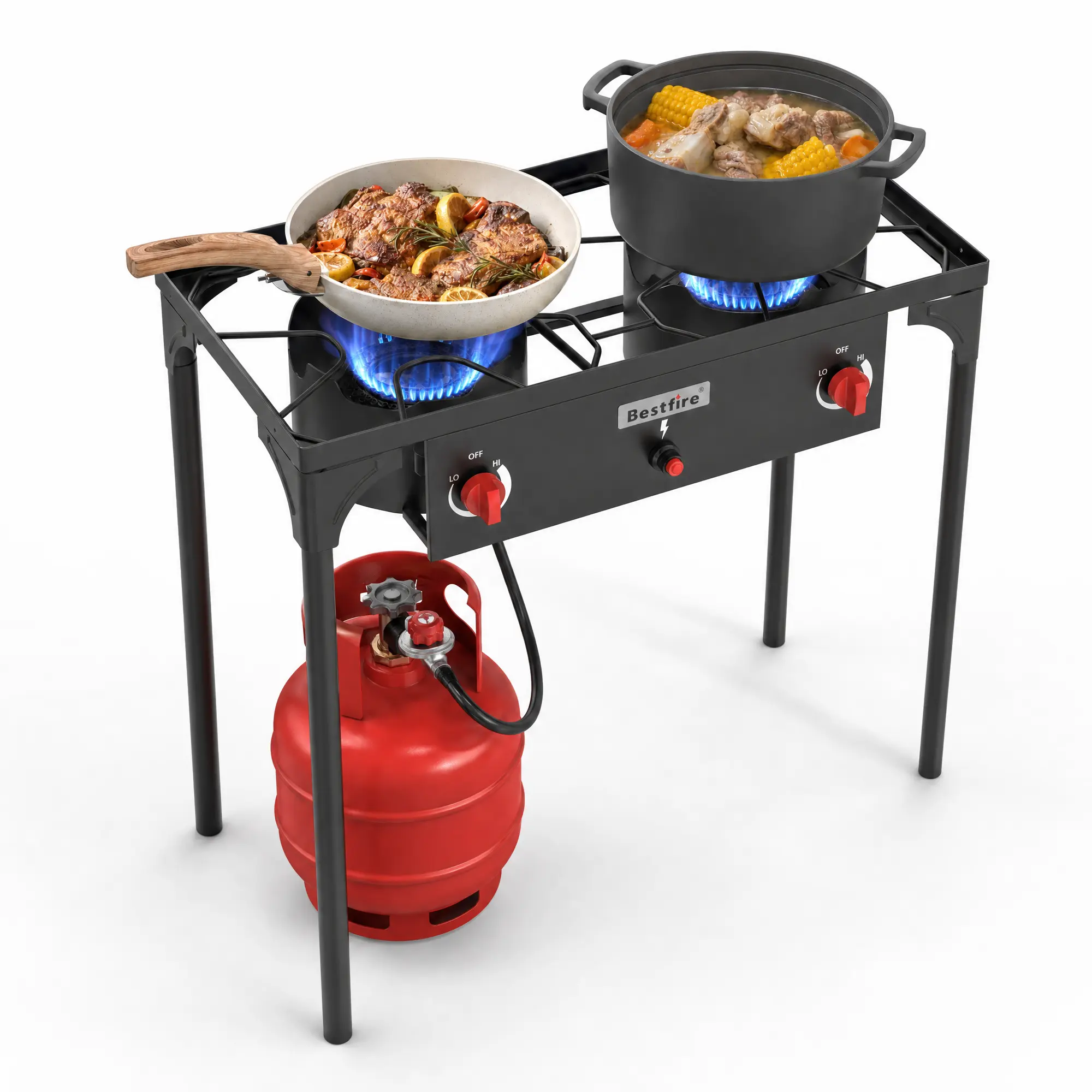 BESTFIRE 150K BTU Outdoor 2-Burner Propane Gas Stove – Heavy Duty Camping Cooker with Removable Legs, Portable Gas Grill for Backyard BBQ, Home Brewing, Turkey Frying, Picnic & Large Pot Cooking