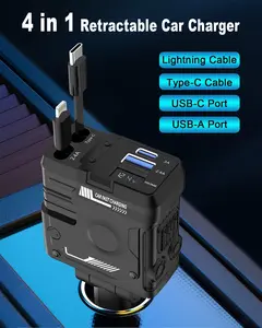 4-in-1 Retractable Car Charger with Mecha Style Aluminum Alloy & ABS Material for Fast Charging of 4 Devices Phones iPads Tablets Drones Notebooks Switch & USB Devices 66W PD/QC3.0 Fast Charge 80cm Cables