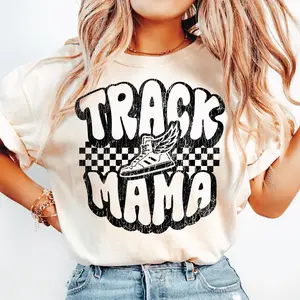 Retro Checkered Track Mama Shirt | Vintage Track Mom T-Shirt | Running Shoe Clipart for Track Season | Runners Mom Shirt