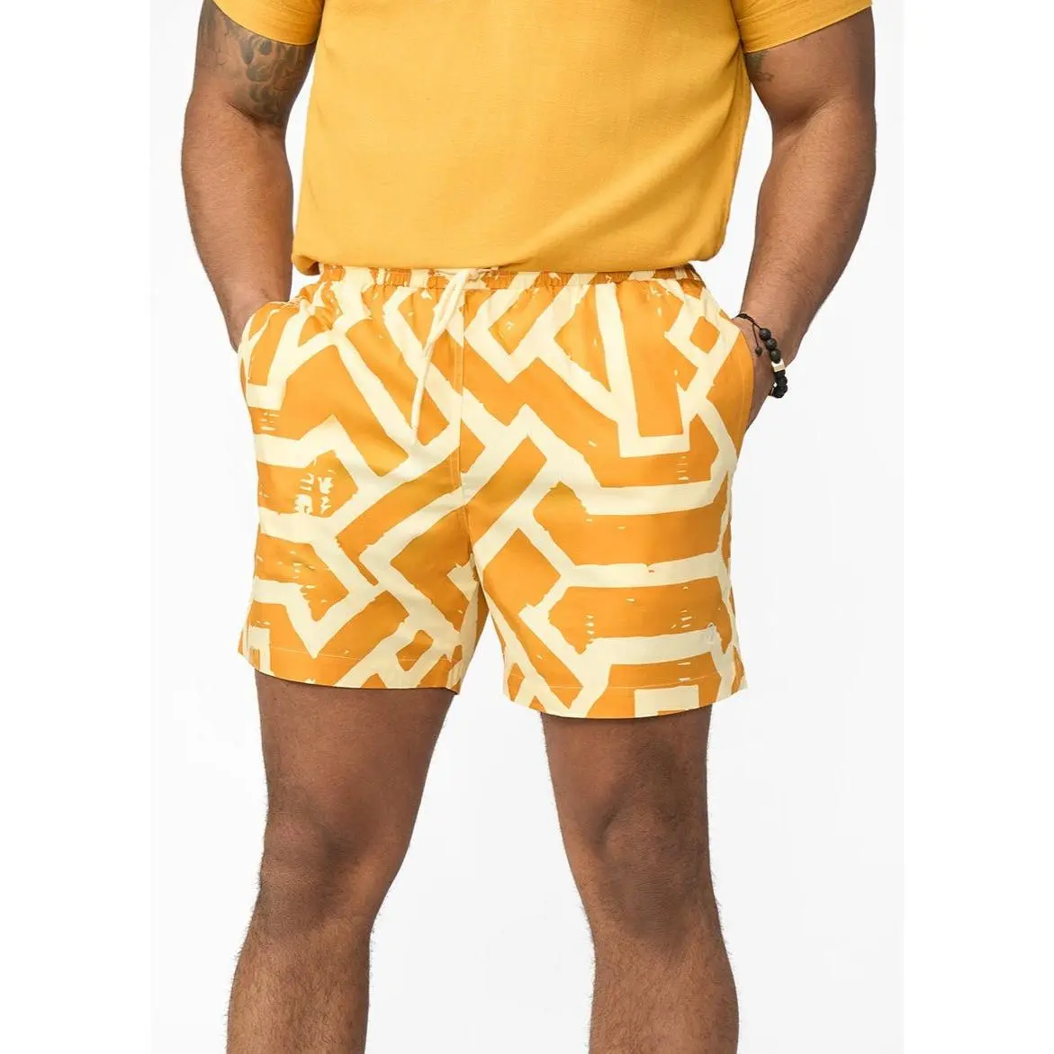 Tiziri Men's African Print Shorts (Gold Cream Tribal) - Clearance