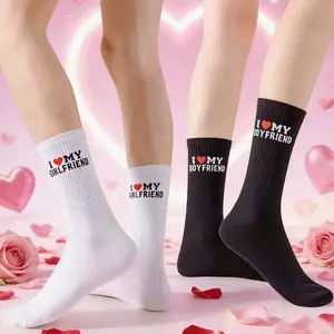 Women's "I Love Your Girlfriend" Letter Print Knee-Length Activewear Socks Set - 2/4 Pairs Solid Frilled Edge All-Season Socks, 2-Pair Black (Couple-Fit), Valentine's Day Couple Gifts, Letter Print Socks