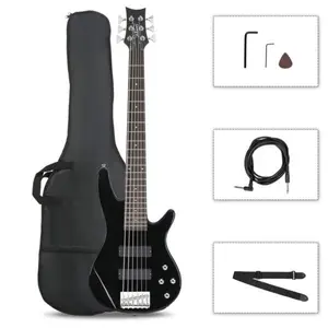 Glarry Beginner-Friendly Full-Size 6-String H-H Pickup Wooden Body Electric Bass Guitar Kit with Guitar Accessories: Bag, Strap, Pick, Connector, Wrench Tool (Black)