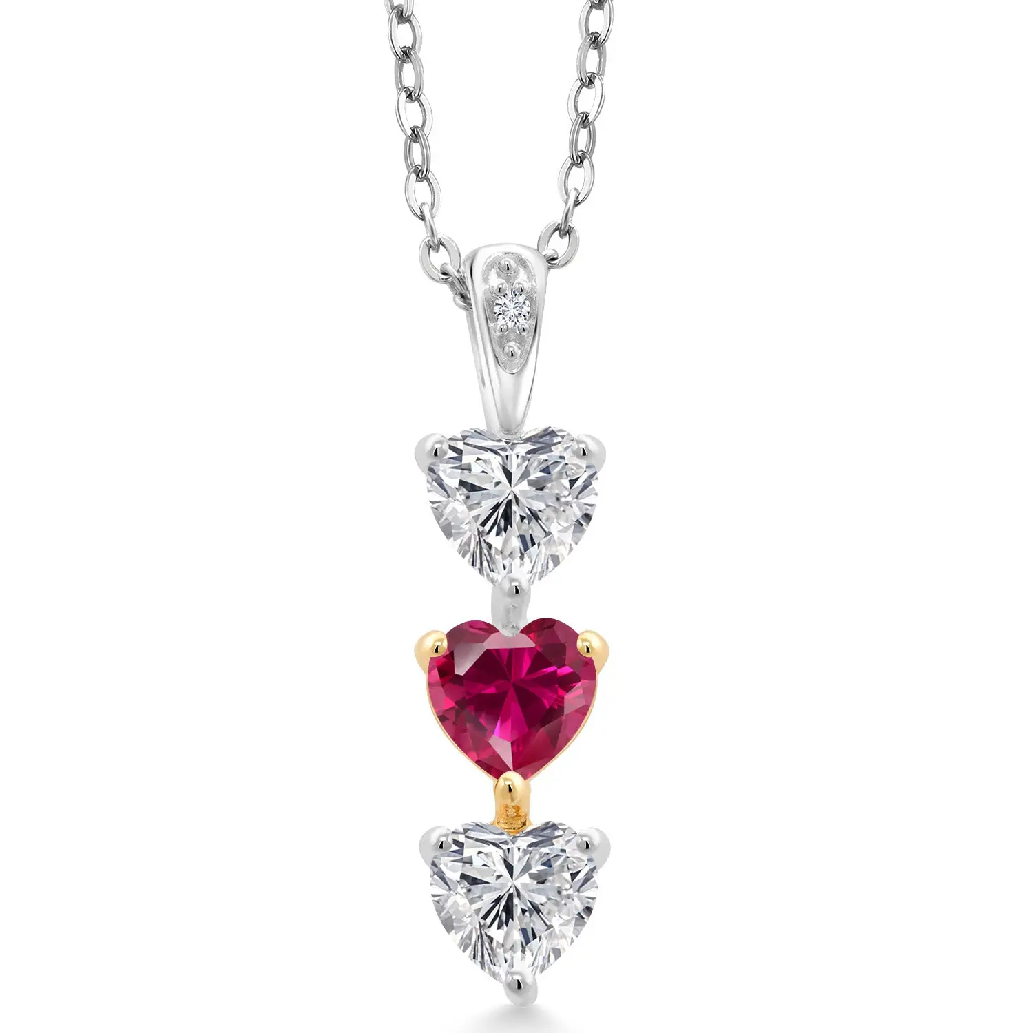 925 Silver and 10K Yellow Gold Lab Grown Diamond and Red Created Ruby Pendant Necklace for Women | 1.49 Cttw | Gemstone April Birthstone | Heart Shape 5MM | With 18 Inch Chain