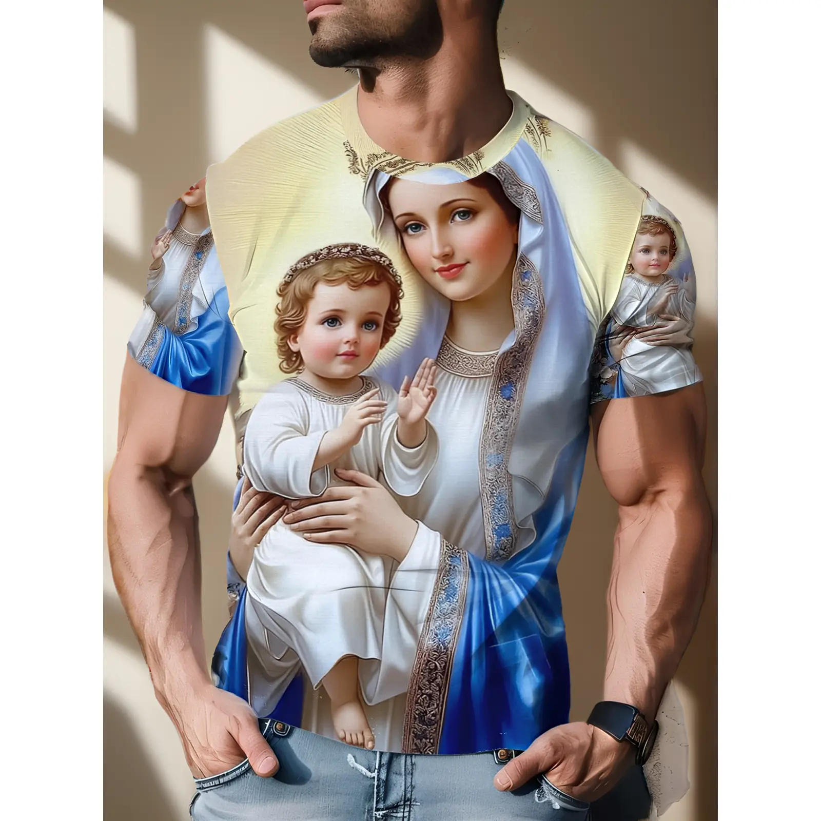 Men' Religious Virgin Mary & Jesus T-Shirt - Sacred Christian Iconography Short Sleeve Crew Neck Casual Beach Wear Suitable for Church, Daily Use, Spring Summer Fall Outfits - Machine Washable Christian Apparel, PLUS SIZE