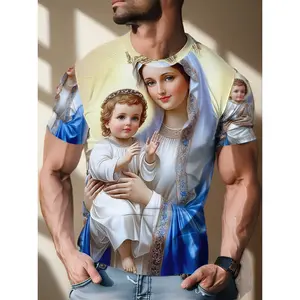 Men' Religious Virgin Mary & Jesus T-Shirt - Sacred Christian Iconography Short Sleeve Crew Neck Casual Beach Wear Suitable for Church, Daily Use, Spring Summer Fall Outfits - Machine Washable Christian Apparel, PLUS SIZE