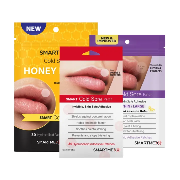 SMARTMED Cold Sore Hydrocolloid Multi-Pack Trio - 78 Patches with Honey & Lemon Balm, Gentle Invisible Day-Night Cover, Natural Cold Defense & Honey Lip Treatment for Sensitive Skin, Protects Lips, Protective, Ultra Thin, Day‑Night Wear