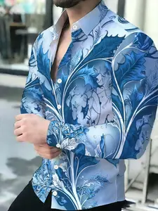 Men's Long Sleeve Shirt with Blue Leaf Print Novel Pattern