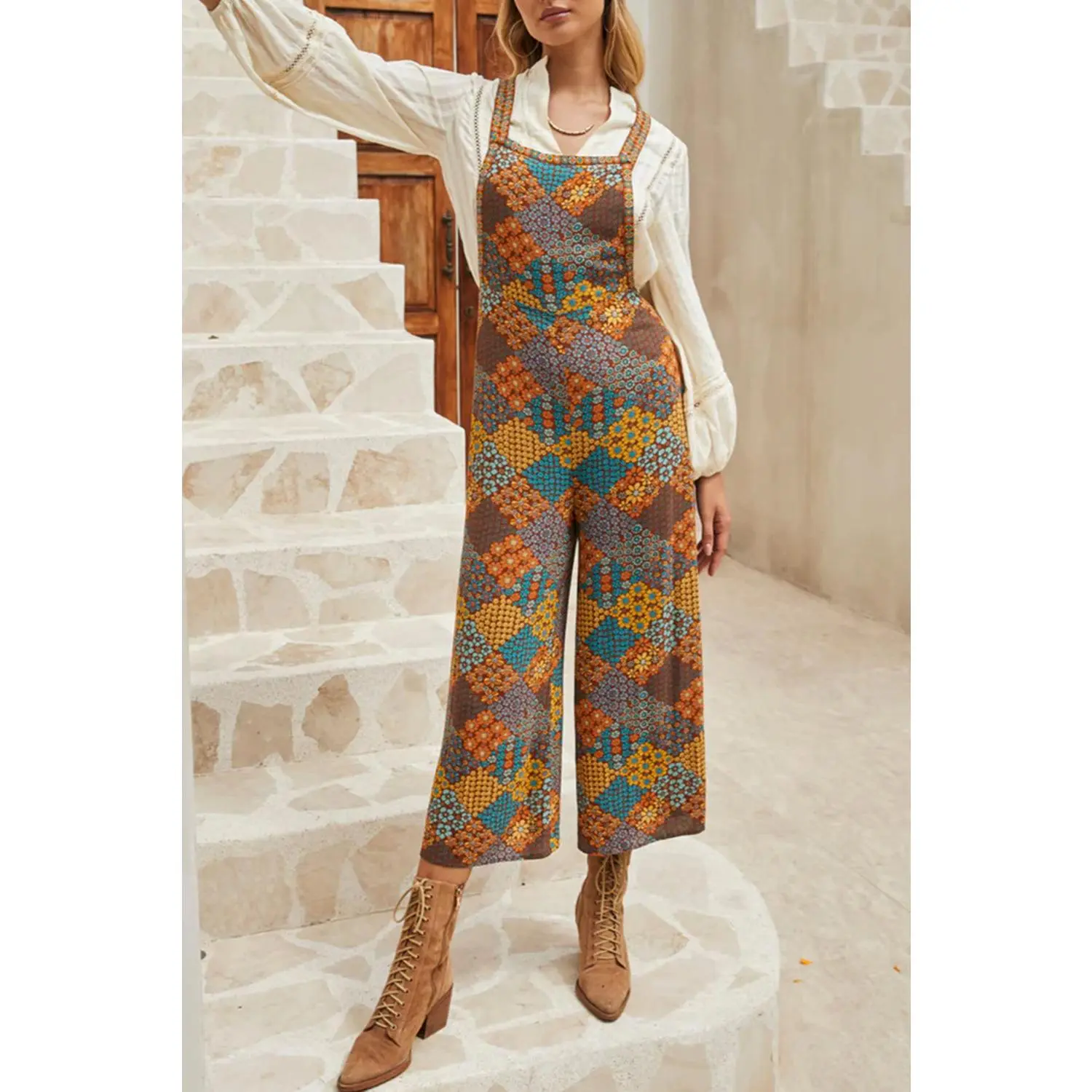 Multicolour Boho Floral Print Crossed Straps Ankle-length Jumpsuit