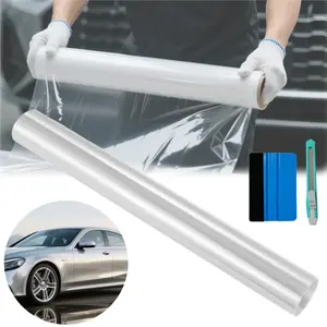 60"x12" Car Clear Body Surface Protection Vinyl Film with Squeegee and Cutter Kit, 5FTx1FT Scratch Resistant Vinyl Wrap Self-Adhesive Sticker Tape Transparent Auto Paint Protective Shields for Headlight Bumper Handle Bike Frame, Tear Off without Residue