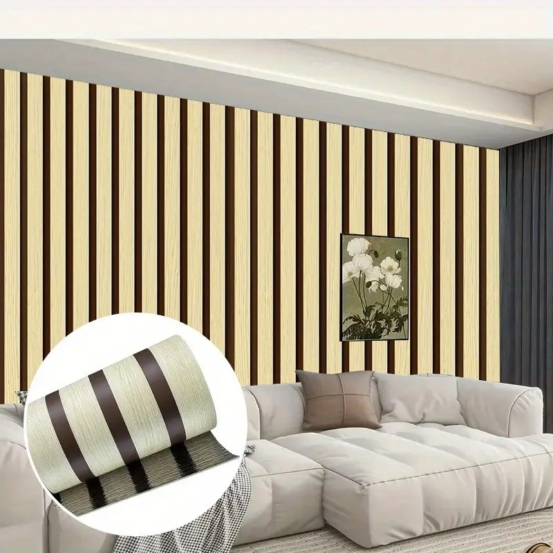 Wood Grain Grid Striped Wall Sticker, Foam Backed PVC Self Adhesive Decorative Wallpaper, Striped Peel and Stick Wallpaper Designs, Real Wood Look, Easy Cut Design, Bedroom Living Room TV Background Decor