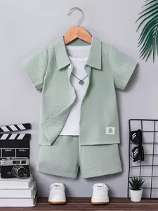 Boys' Summer Casual Short Sleeve Shirt Set, Pure Color Button-Down Design, Soft Fabric Comfortable Fit, Perfect Gift Choice, Clothing Sets
