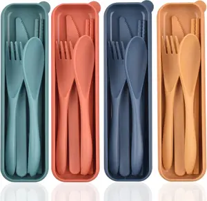 Reusable Utensils Set with Case, 4 Sets Wheat Straw Travel Cutlery Set, Portable Spoon Knife Fork Chopsticks Lunch Box Utensil Set for Kids Adults Zoyiancy