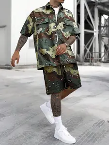 Two-Piece Set Men's Camo Print Short Sleeve Shirt & Shorts, Regular Fit Casual Button Down Collared Top & Shorts, Summer Clothes Set for Men