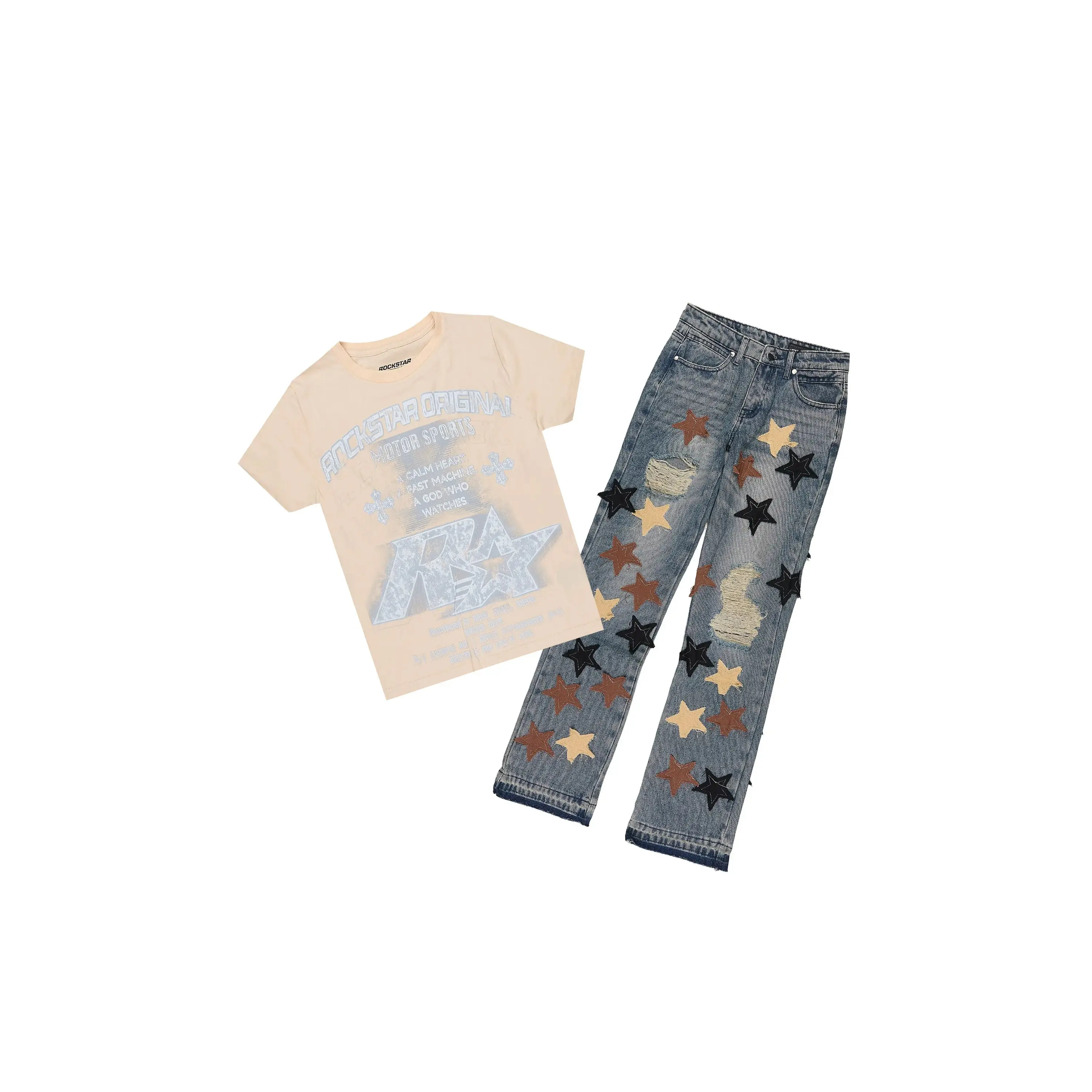 Boys Byson Beige/Tint T-Shirt Patchwork Jean Set