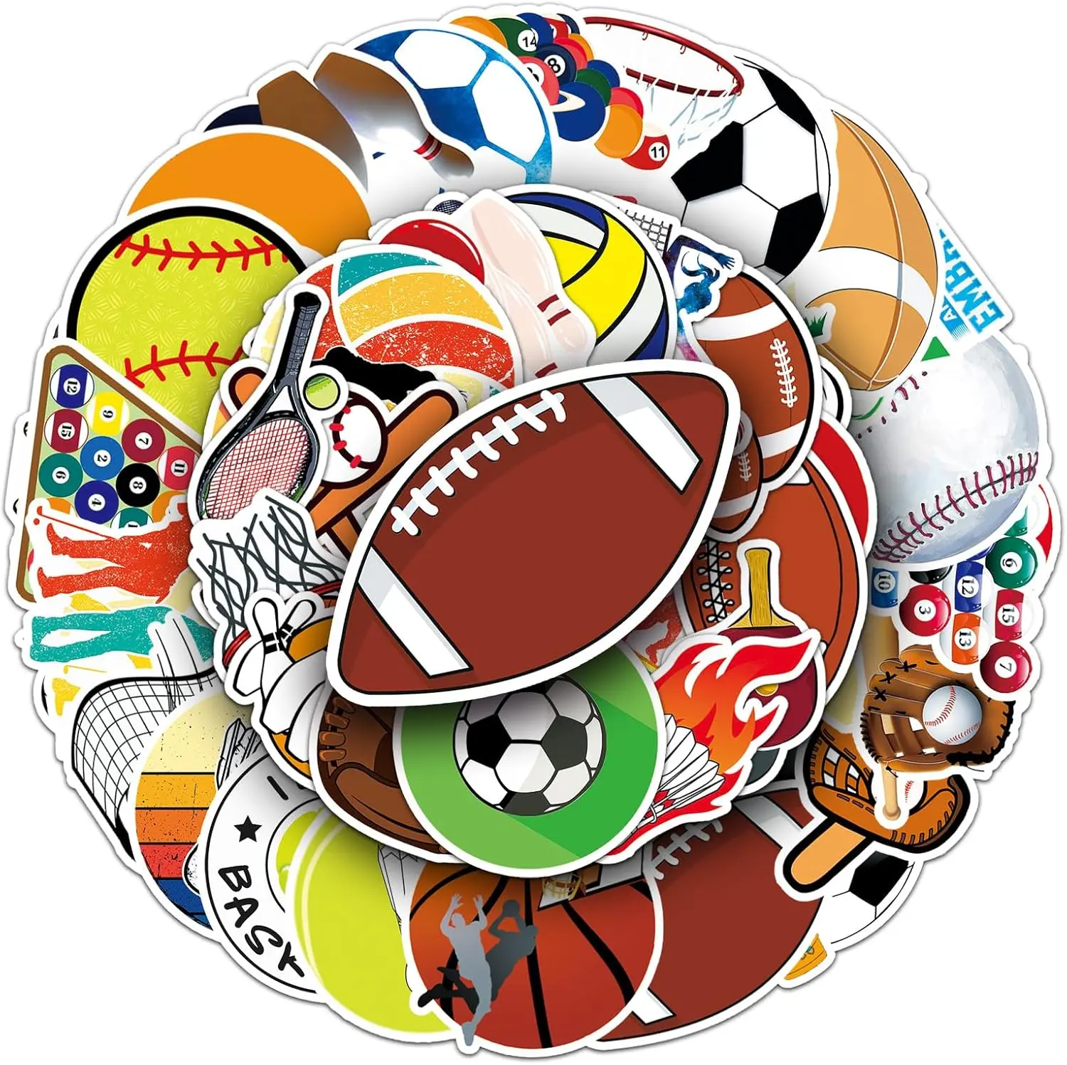 50PCS Sports Ball Stickers - Waterproof Vinyl Sports Themed Stickers for Water Bottles, Laptops, Skateboards, Hydro Flasks, Coolers, Phone Cases - Perfect for Teens, Boys, Sports Fans