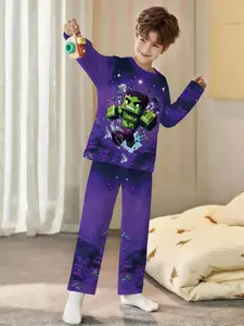 Pixel Hulk 2-piece boys' digital printed long-sleeve pajamas with long sleep pants, made of flame-retardant fabric. A fashionable, trendy, casual, comfortable and soft pajama set, suitable for sleeping and home leisure. 100% polyester, suitable for boys'