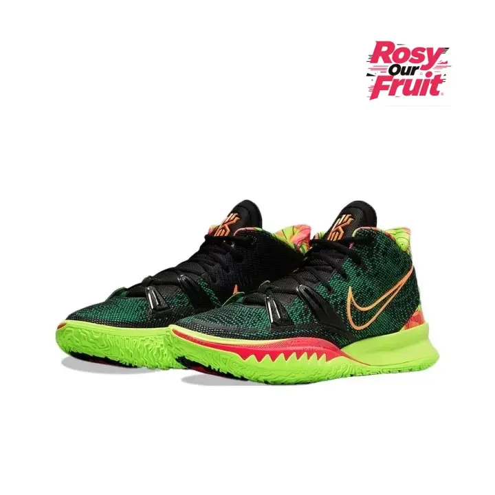Dark Black Breathable Knit Mid Top Ball Trainers Vivid Neon Green Jagged Rubber Outsole Bright Orange Side Accent Red Green Heel Gradient Shock Absorb Daily Street Footwear