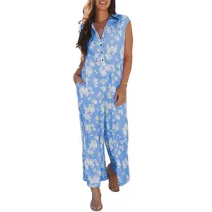 Myosotis Floral Print Half Button Wide Leg Relaxed Sleeveless Jumpsuit for Women 95% Polyester 5% Elastane Easy Wear Spring Vibe - Fit, Womenswear Overalls Rompers Style