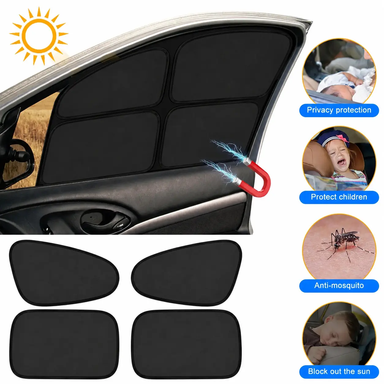 4X Car Side Window Sunshade, Shading and UV Blocking, Protects Car Interior and Privacy for All Models, Car Accessory Gift | Magnetic Car Side Window Sun Shades for Summer Travel, Foldable UV Protection Car Sunshade, Heat Insulation Easy Install Sun Visor