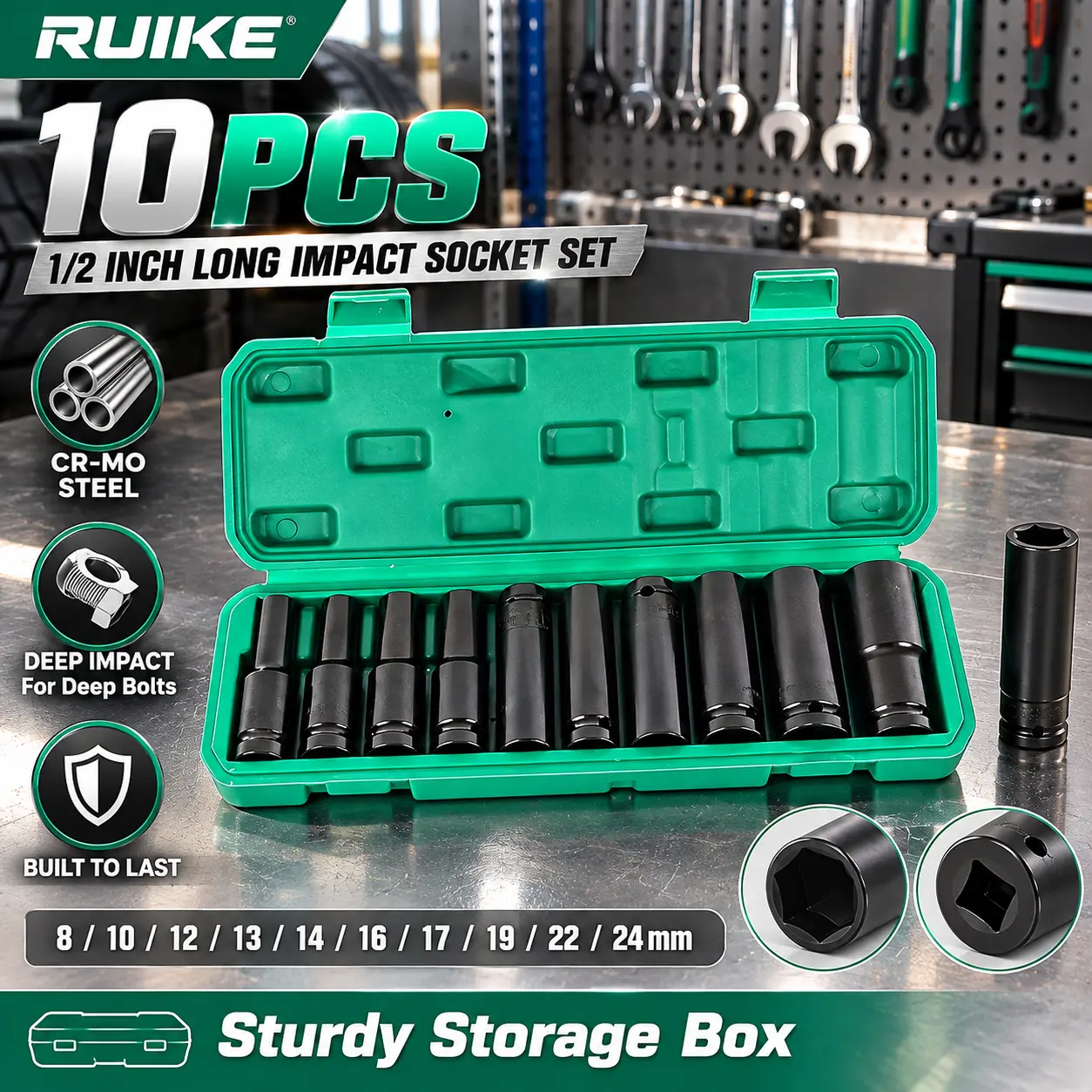 10Pcs Deep Impact Socket Set, 1/2 Inch Drive Long Wrench Socket Kit, Metric 8-24mm Heavy Duty Socket Set, For Impact Wrench, Automotive & Motorcycle Nut Removal, Storage Case Included
