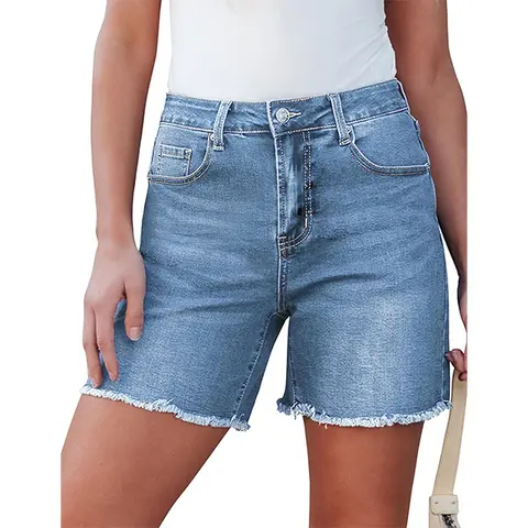 luvamia Women's High-Waisted Stretchy Denim Jean Shorts, Traditional Style Comfortable Bottoms with Pocket, Summer Casual Raw Hem Mom Cutoff Jorts