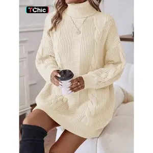 Women's Solid Twist Texture Drop Shoulder Cable Knit Sweater Dress, Casual Long Sleeve Turtleneck Knit Dress for Spring & Fall, Fashion Women's Clothing for Daily Wear