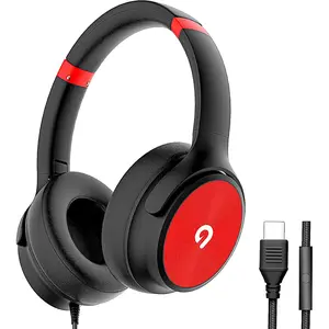 USB C Wired Over-Ear Headphones with Mic, Hi-Fi Stereo Sound, Noise-Isolating Ear Cups, Comfortable Fit for iPhone15/16,  Galaxy S24/S23, Type-C Phones & Tablets (Black&Red)