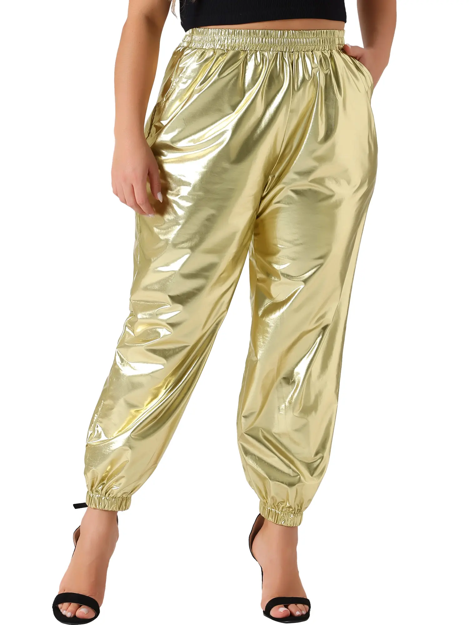 Agnes Orinda Plus Size Jogger Pants for Women Metallic Shiny High Waist Stretchy Wear Holographic Trousers Sweatpant