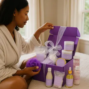 Imperical Beauty Lavender Spa Box – spa package gift set for women with Loofah, Body Cream, Sugar Foam Scrub, Bath Salts, Body Oil, Soy Candle – Birthday Gifts for Women, Mother's Day Gifts, Self Care Package