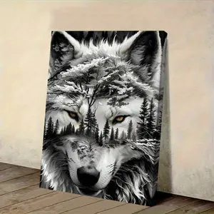 1 Piece Set, Frame with Wolf and Forest Canvas Art Print - Winter Miracle Wall Decoration, with Snow-Covered Trees, Black and White Wolf Design, Suitable for Home, Bedroom, Living Room or Hallway, Unique Winter Theme Canvas Poster, Wood Wall Art